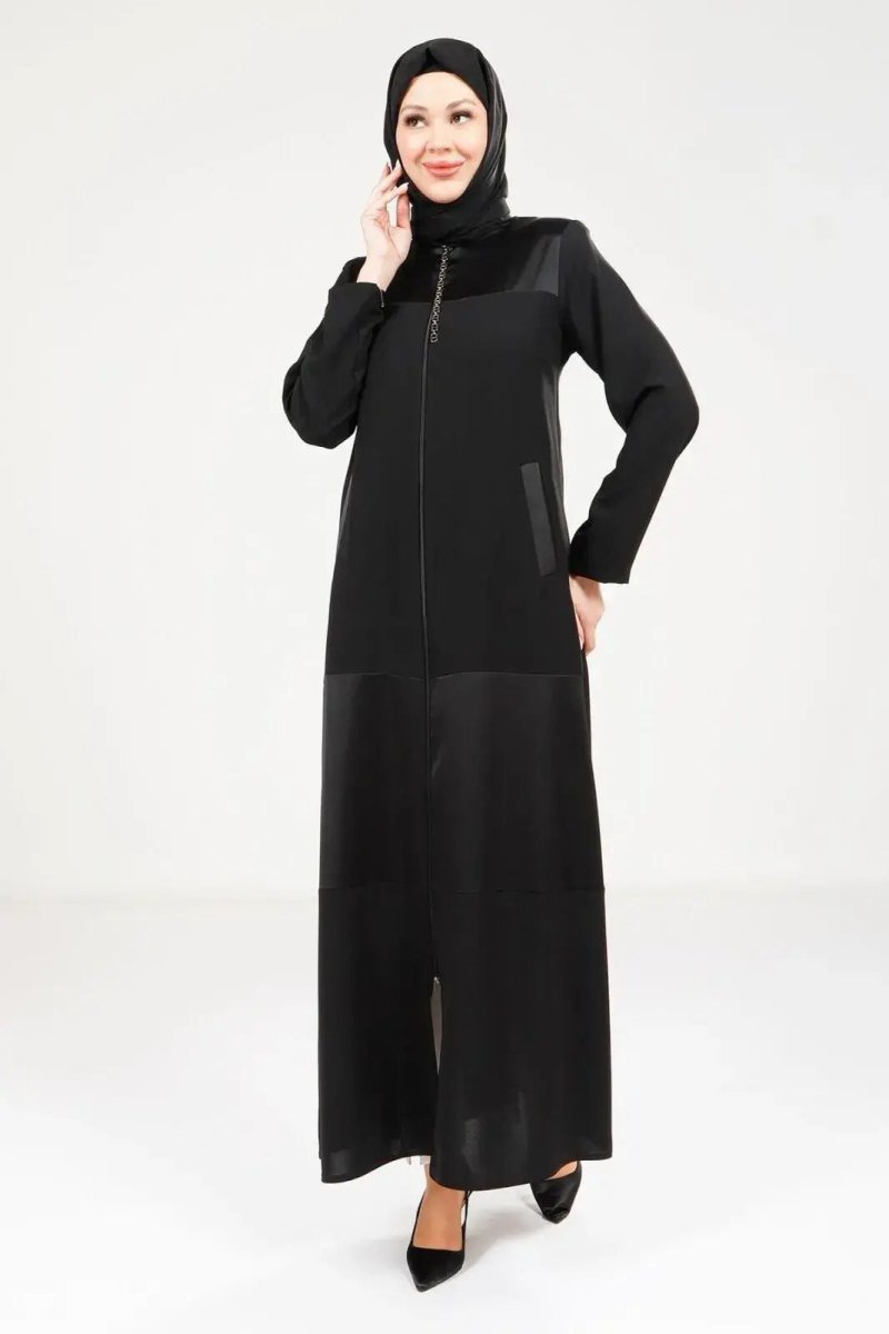 Black Zippered Front Pocket Embroidered Fabric Detail Hijab Abaya 9208 - 25 - ihvan