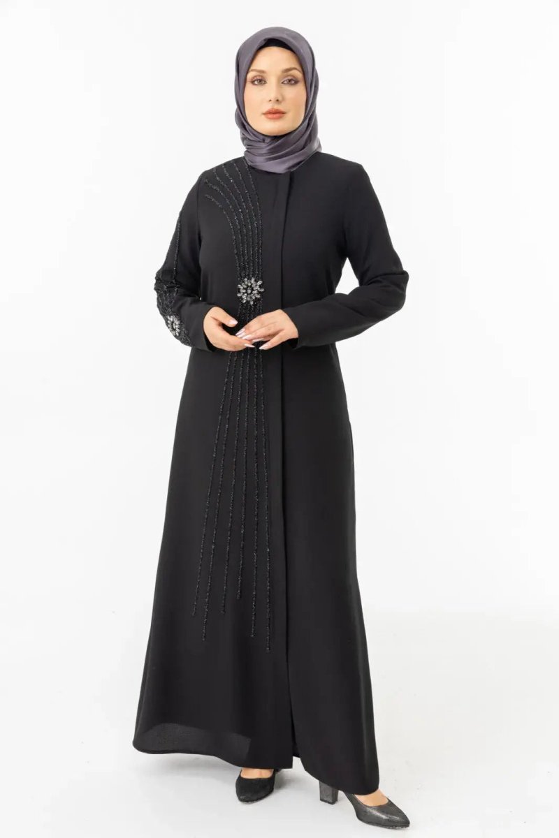 Black Zippered Hijab Abaya with Crystal Stone Details ZRNY 5506 - 25 - ihvan