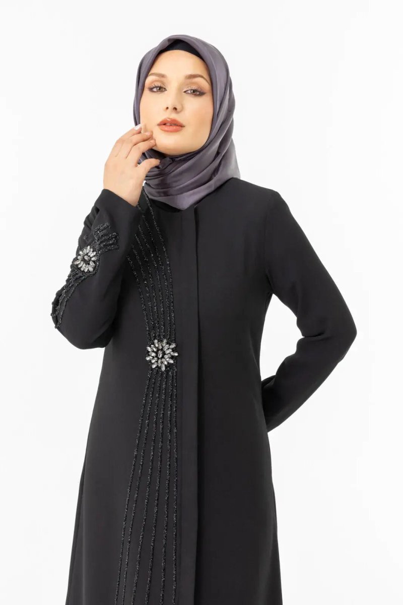 Black Zippered Hijab Abaya with Crystal Stone Details ZRNY 5506 - 25 - ihvan