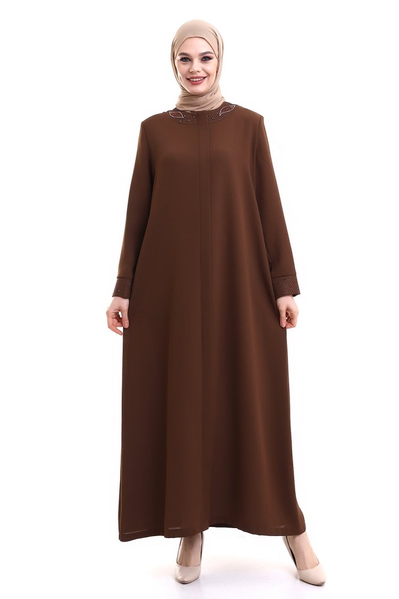 Brown Hijab Abaya with Concealed Zipper and Crystal Embellished Collar 23300 - ihvan
