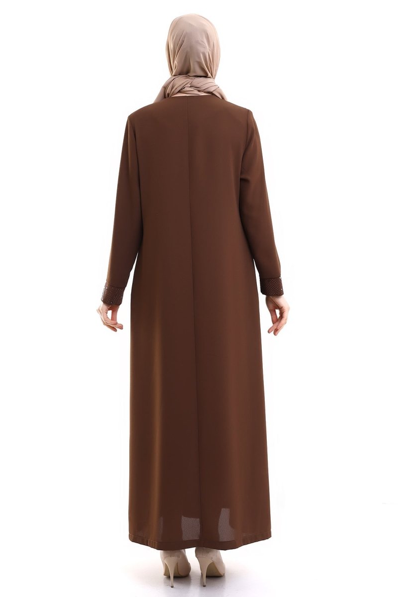 Brown Hijab Abaya with Concealed Zipper and Crystal Embellished Collar 23300 - ihvan
