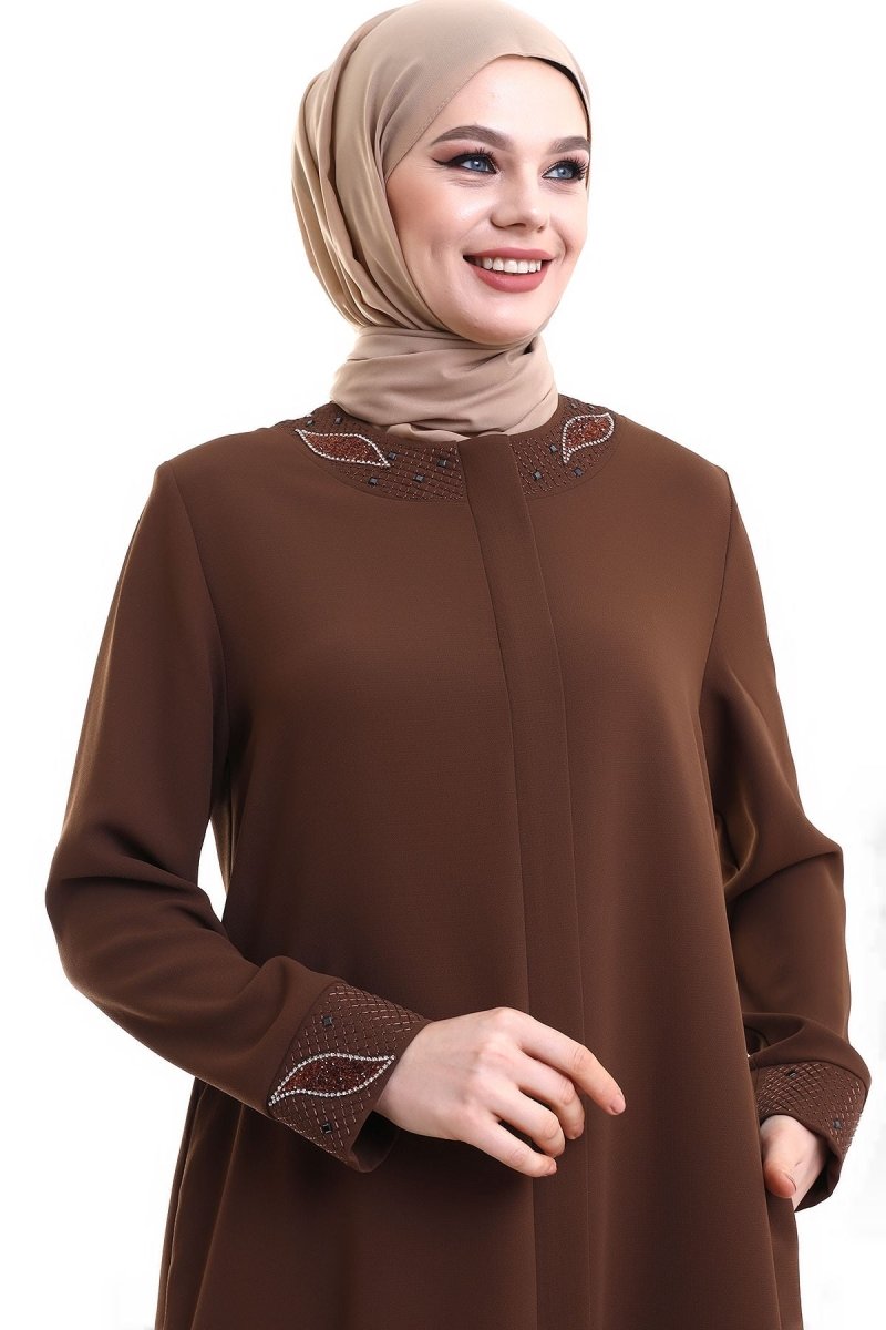 Brown Hijab Abaya with Concealed Zipper and Crystal Embellished Collar 23300 - ihvan