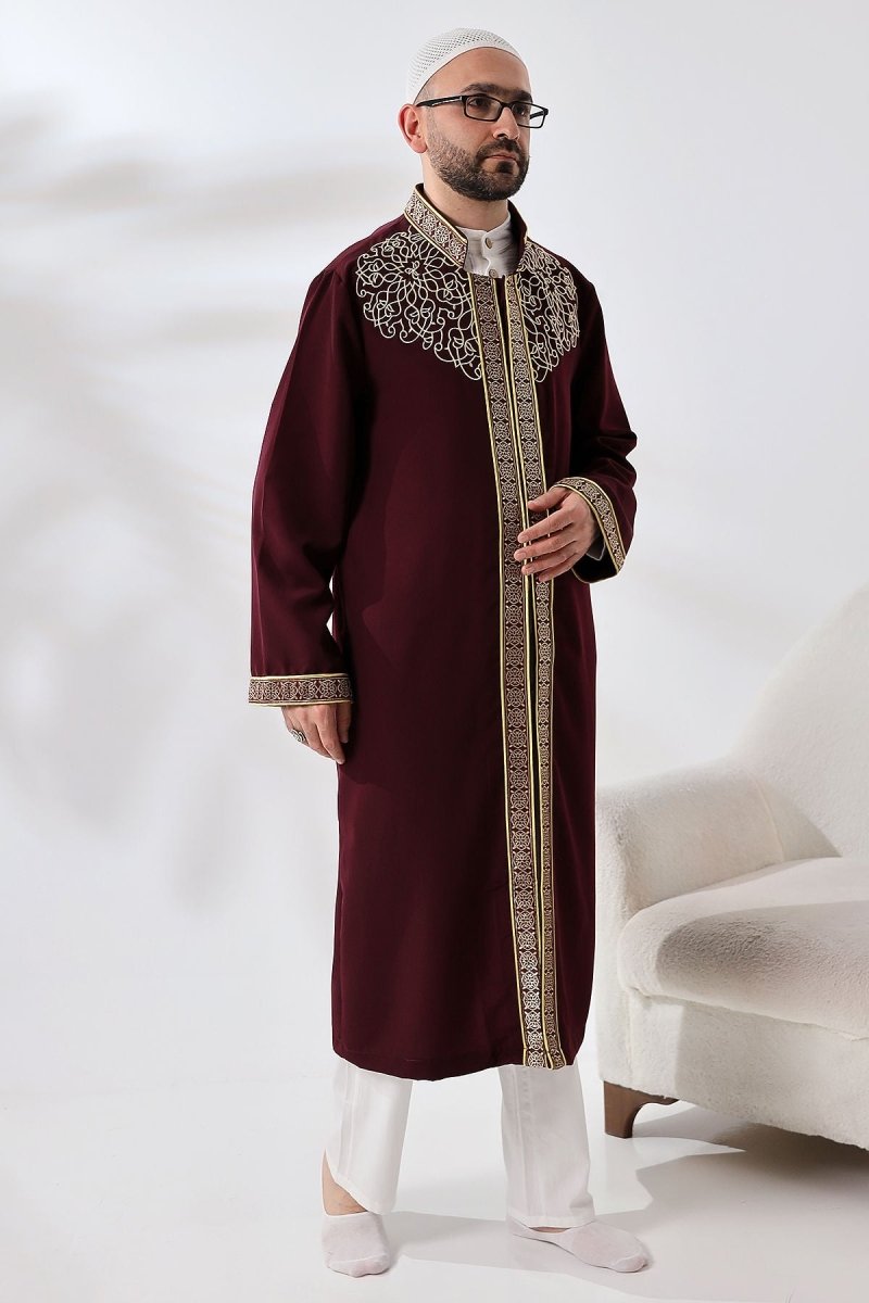 Burgundy Mandarin Collar Men's Prayer Robe with Striped Embroidery - Imam Robe - ihvan