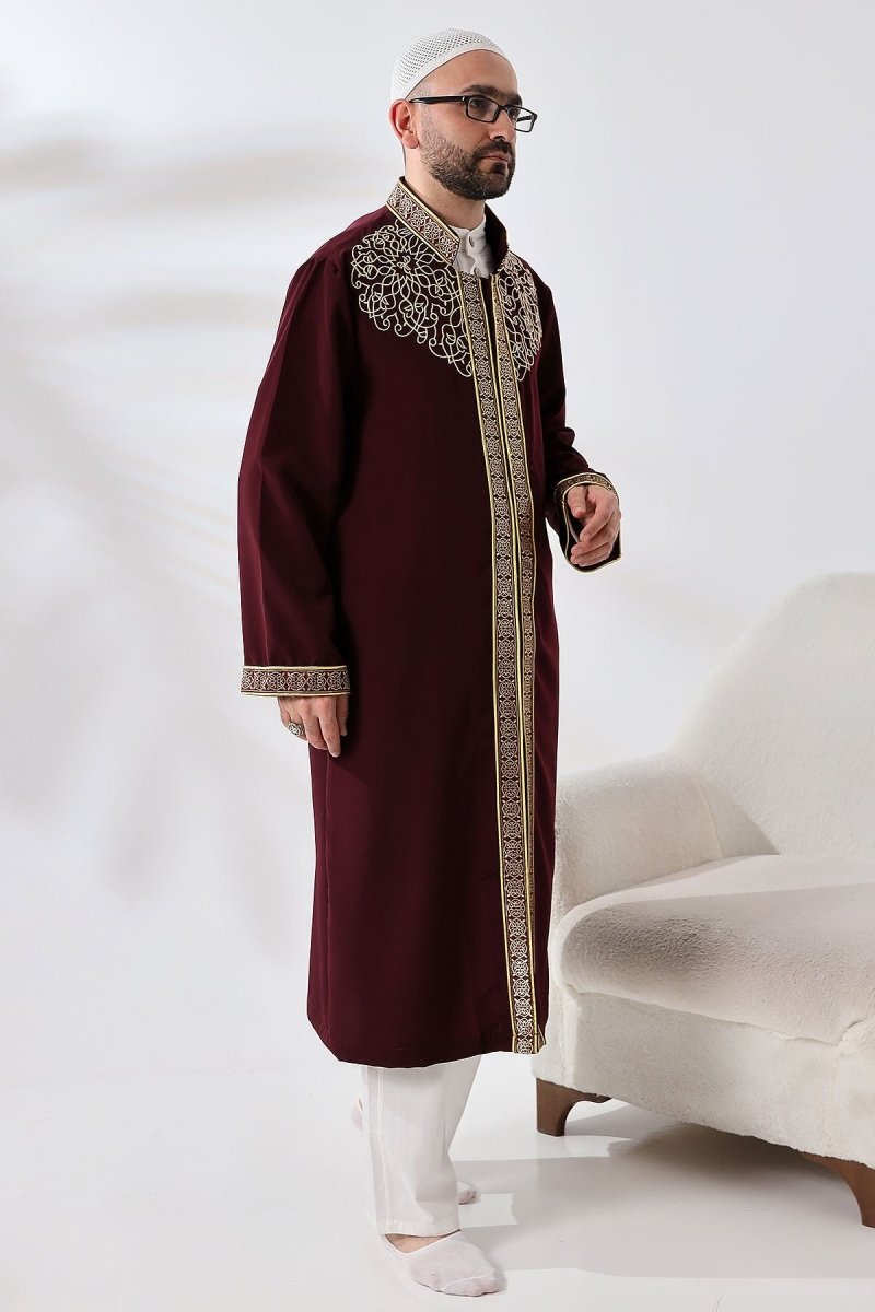 Burgundy Mandarin Collar Men's Prayer Robe with Striped Embroidery - Imam Robe - ihvan