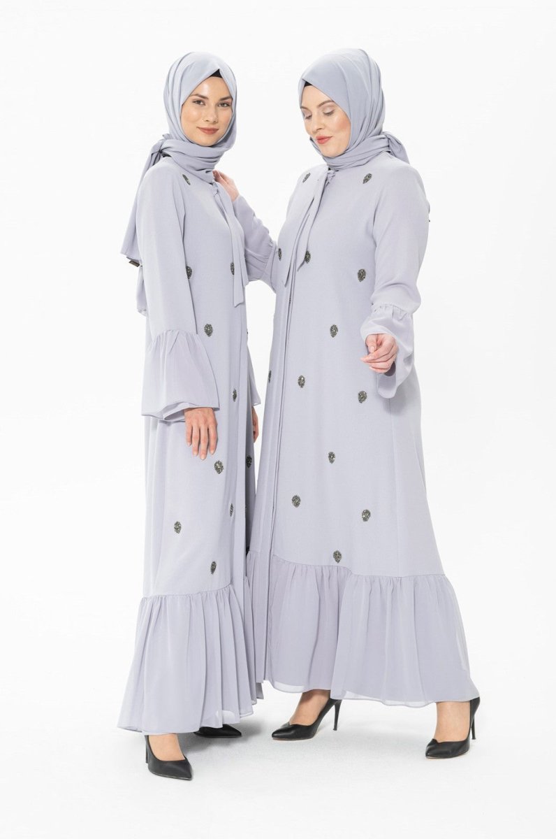 Buttoned Stone Embellished Grey Abaya 3007-1 - ihvan