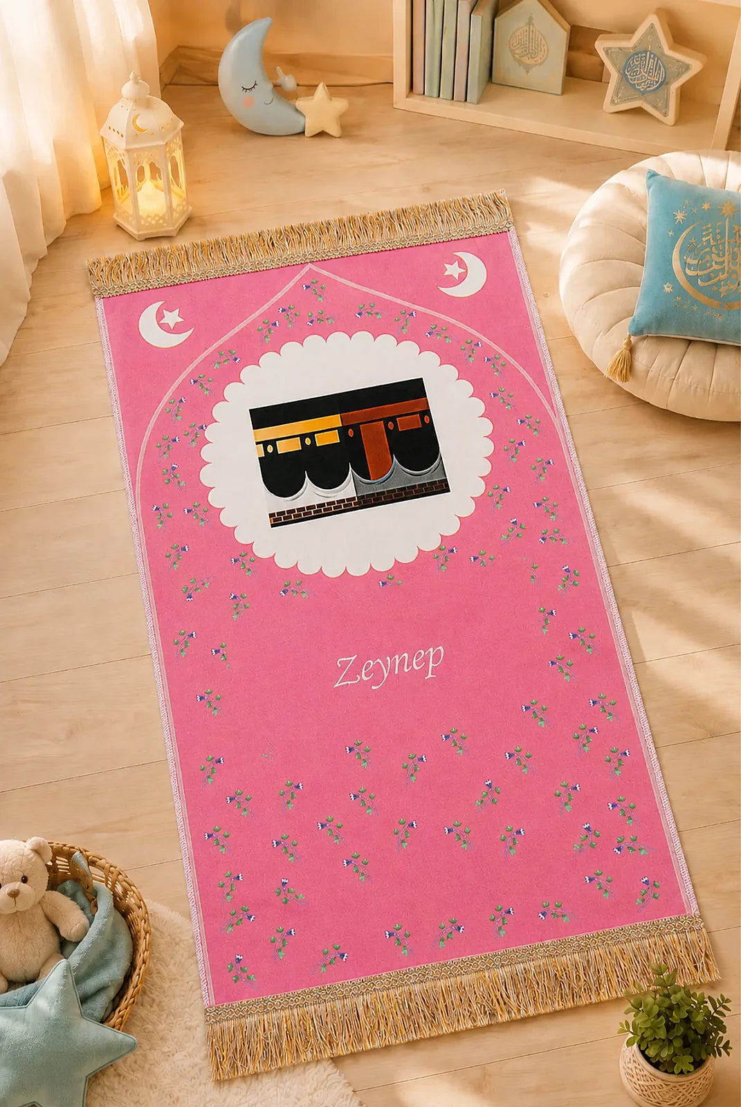 Girls’ Islamic Prayer Set with Personalized Kaaba Prayer Mat, Quran, Tasbih & Carry Bag