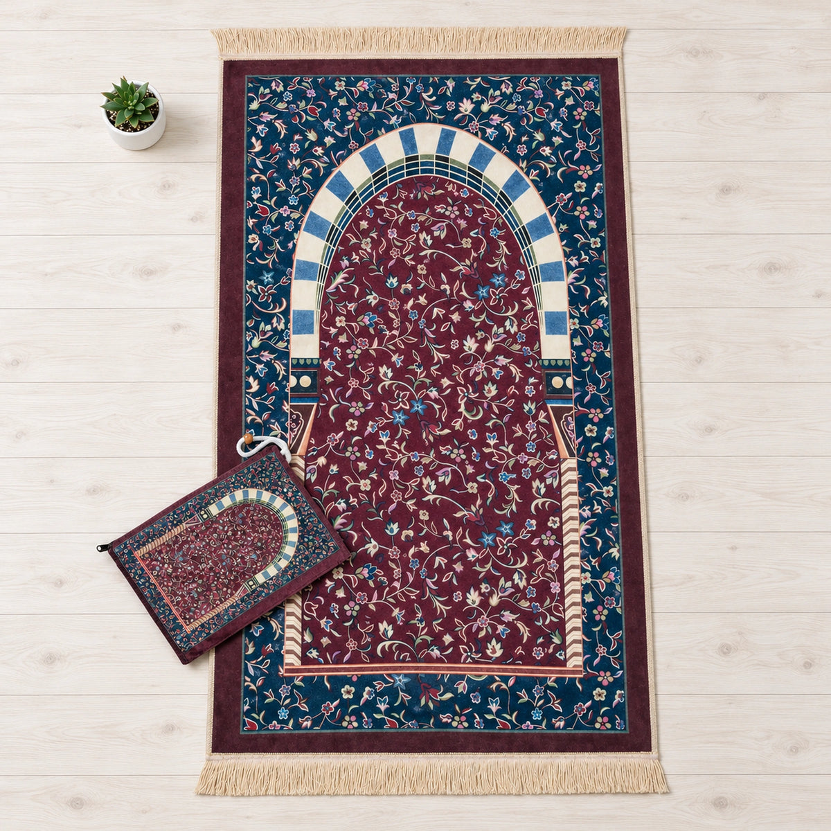 Portable Rawdah Patterned Velvet Prayer Mat with Carry Bag