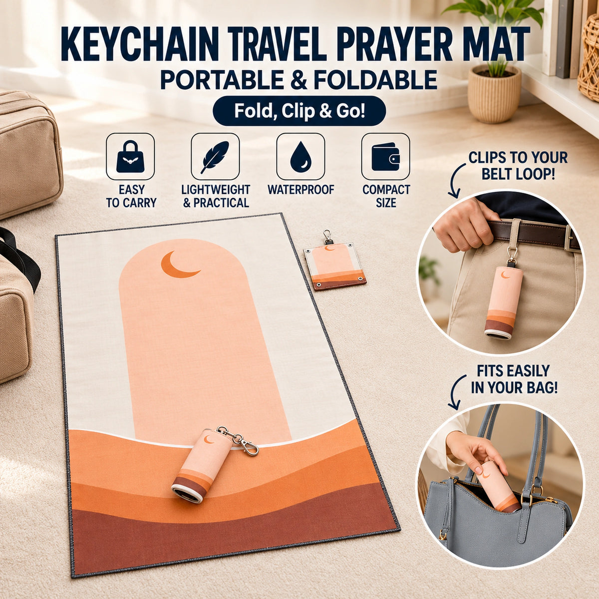 Portable Foldable Travel Prayer Mat with Keychain – Water-Resistant Pocket Sajdah Mat