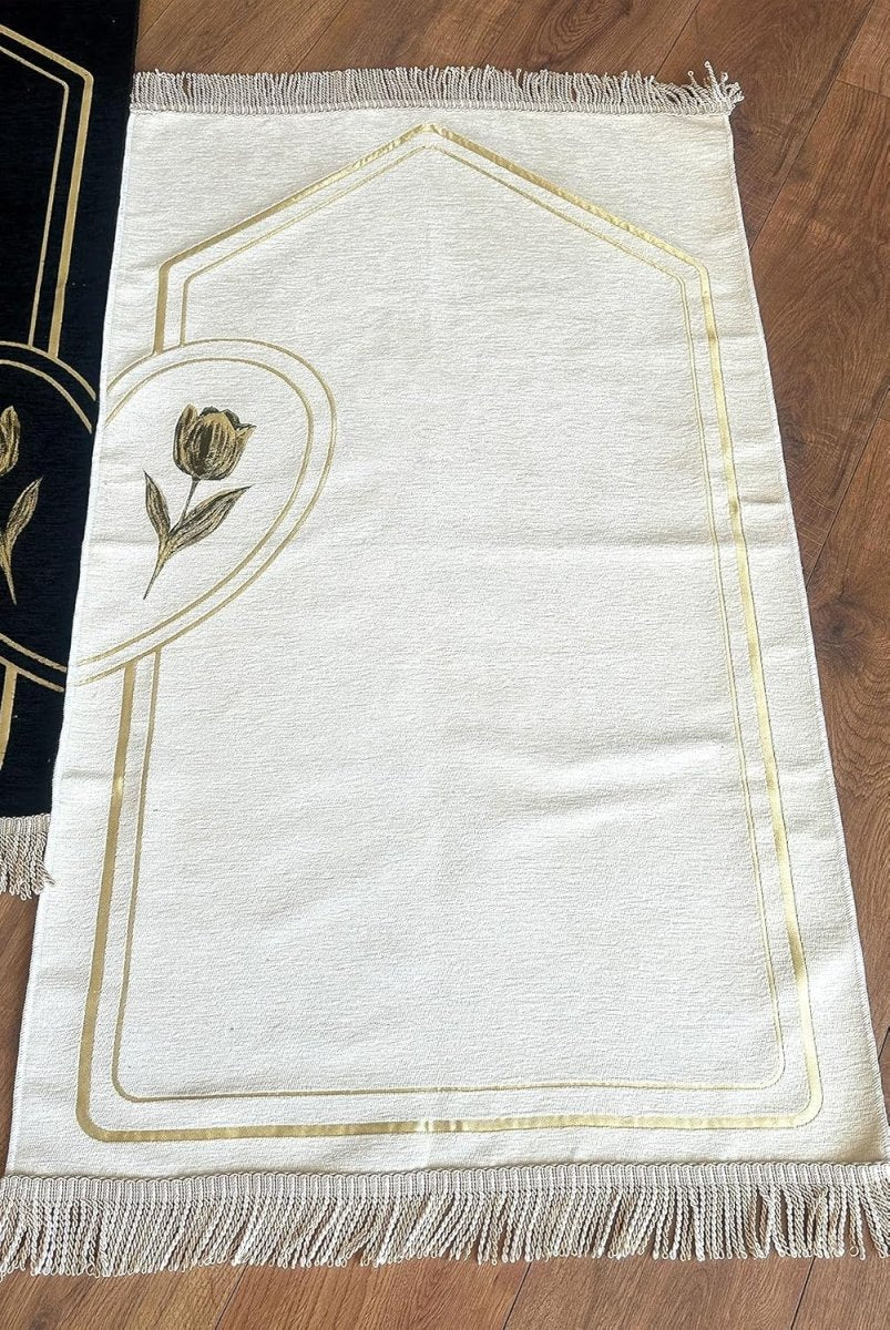 Couples Muslim Prayer Rug Set – 2 Soft Chenille Mats with Rose Pattern & Prayer Beads - ihvan