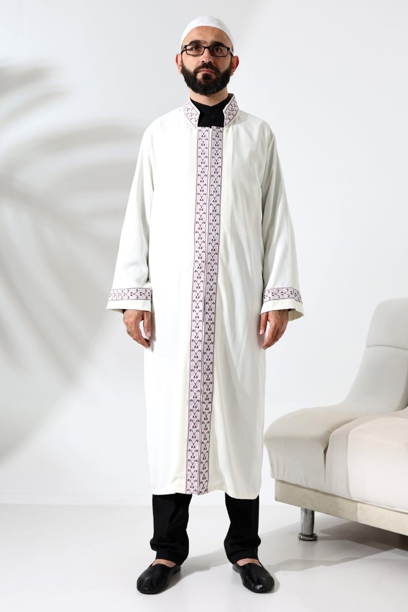 Cream-colored Imam Robe with Red Pattern Embroidery, Mandarin Collar, Snap Buttons, and Pockets. - ihvan