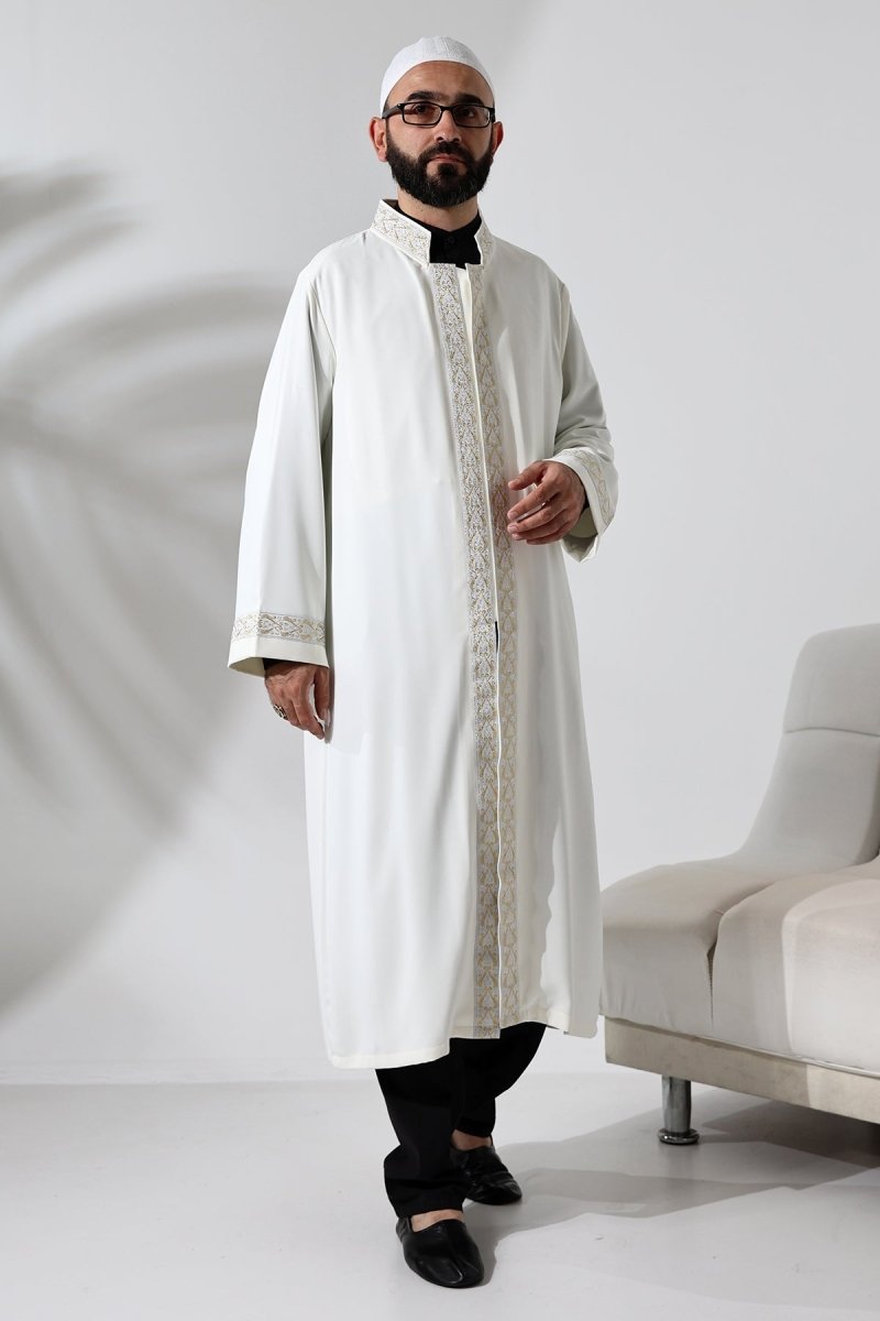 Cream-colored Imam Robe with Silver Pattern Embroidery, Mandarin Collar, Snap Button Closure, and Pockets. - ihvan