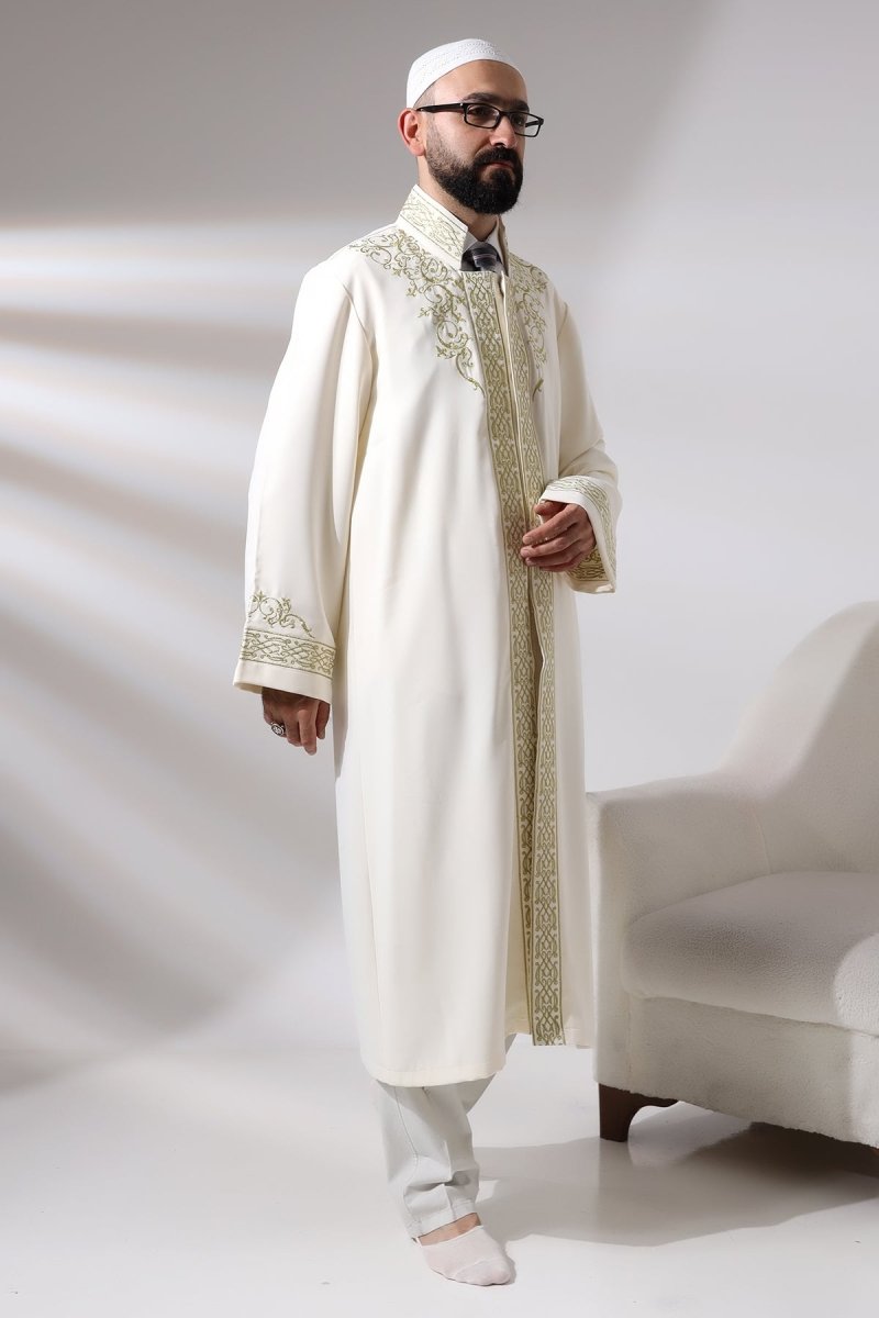 Cream-colored, Mandarin Collar Men's Prayer Robe with Striped Embroidery - Imam Robe - ihvan