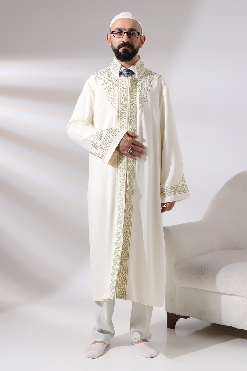 Cream-colored, Mandarin Collar Men's Prayer Robe with Striped Embroidery - Imam Robe - ihvan