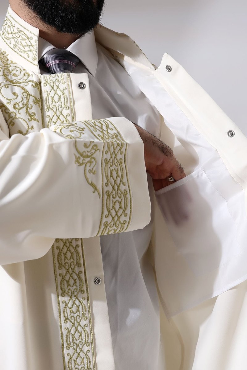 Cream-colored, Mandarin Collar Men's Prayer Robe with Striped Embroidery - Imam Robe - ihvan