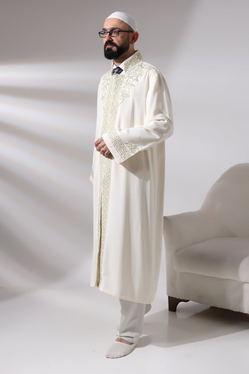 Cream-colored, Mandarin Collar Men's Prayer Robe with Striped Embroidery - Imam Robe - ihvan