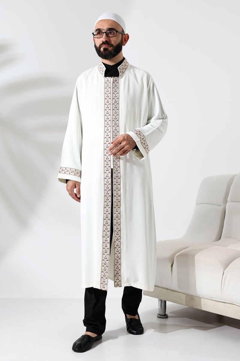 Cream-colored, mandarin collar, snap-button robe with pockets and embroidered burgundy pattern. - ihvan