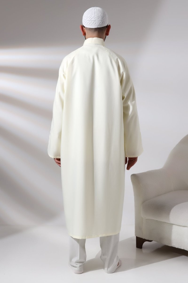 Cream Men's Prayer Robe, Plain, Unpatterned, Mandarin Collar, Imam Robe - ihvan