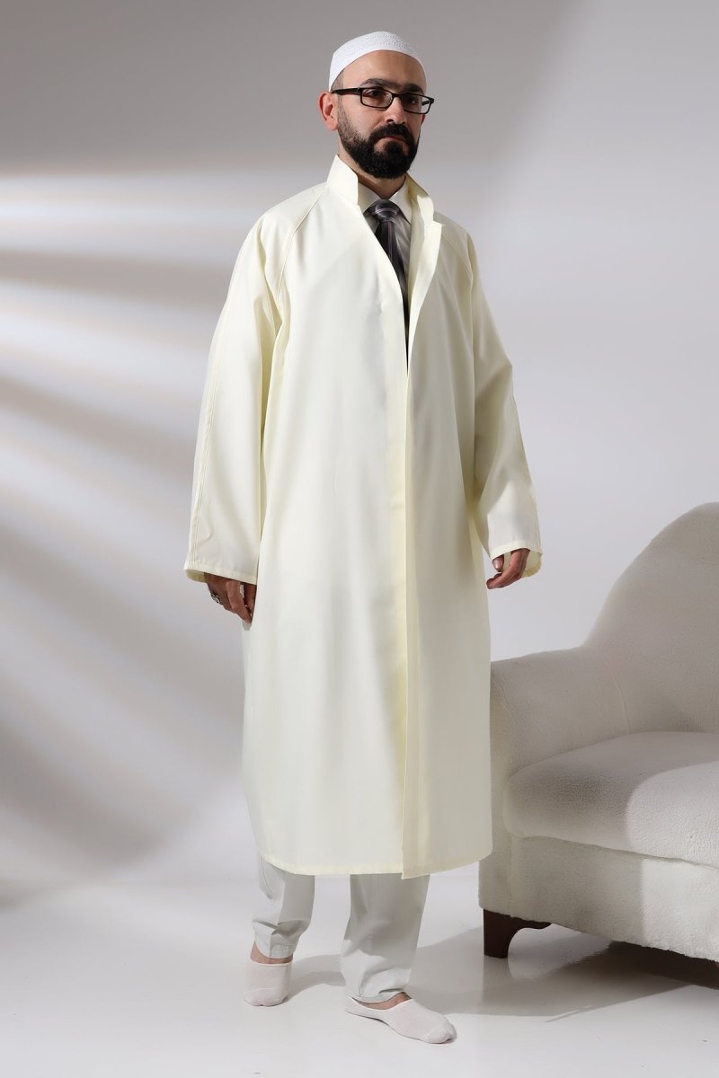 Cream Men's Prayer Robe, Plain, Unpatterned, Mandarin Collar, Imam Robe - ihvan