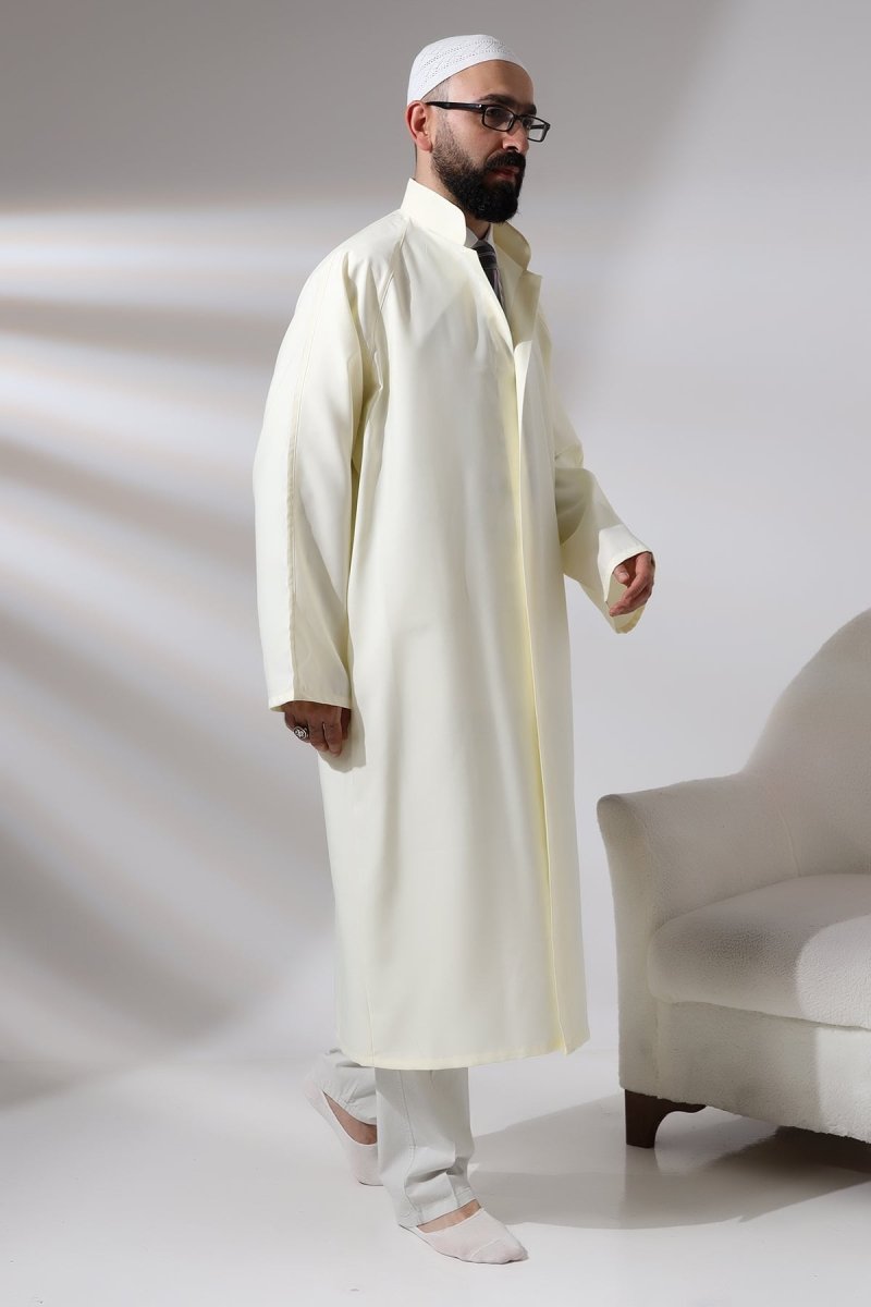 Cream Men's Prayer Robe, Plain, Unpatterned, Mandarin Collar, Imam Robe - ihvan
