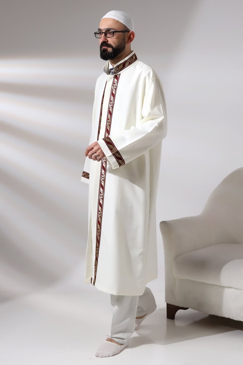 Cream Men's Prayer Robe with Burgundy Pattern Embroidery, Mandarin Collar, Imam Robe - ihvan