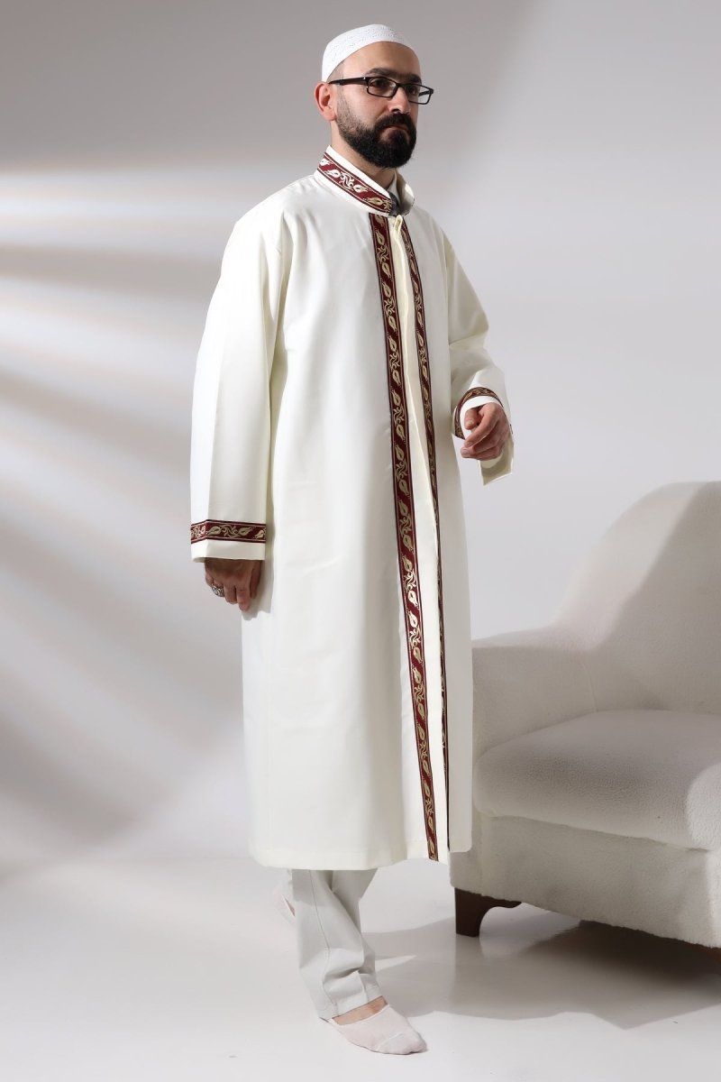 Cream Men's Prayer Robe with Burgundy Pattern Embroidery, Mandarin Collar, Imam Robe - ihvan