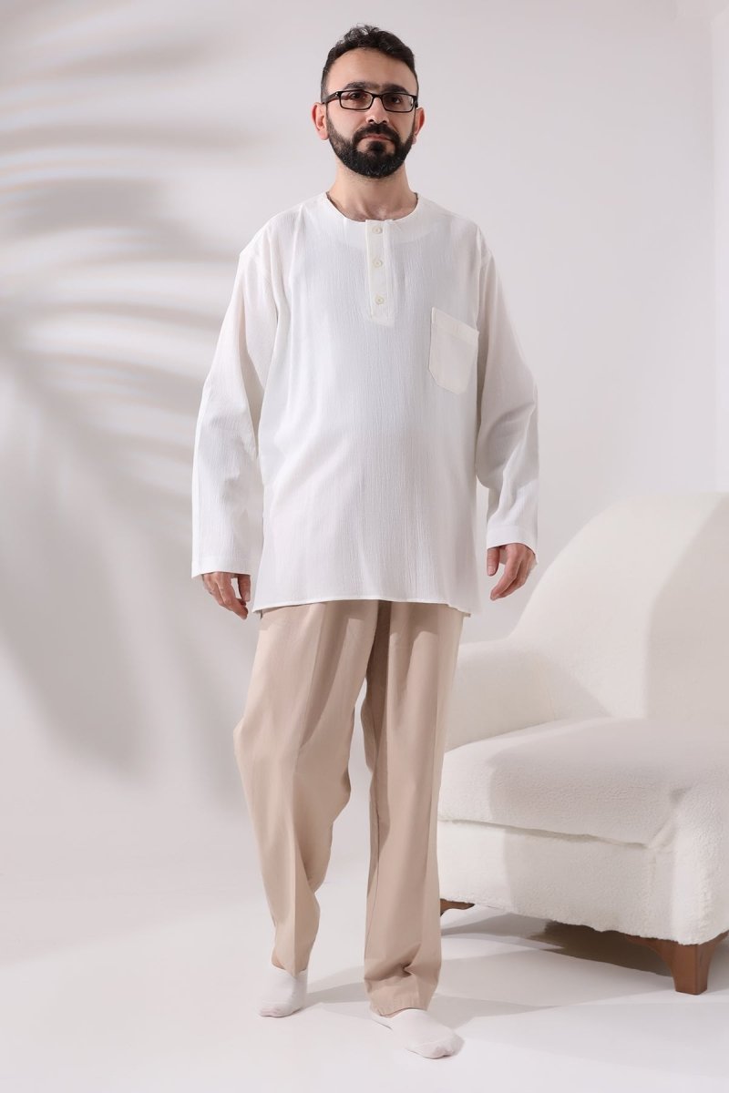 Cream Men's Relaxed Fit 3-Button Crew Neck Hajj and Umrah Shile Fabric Shirt - ihvan