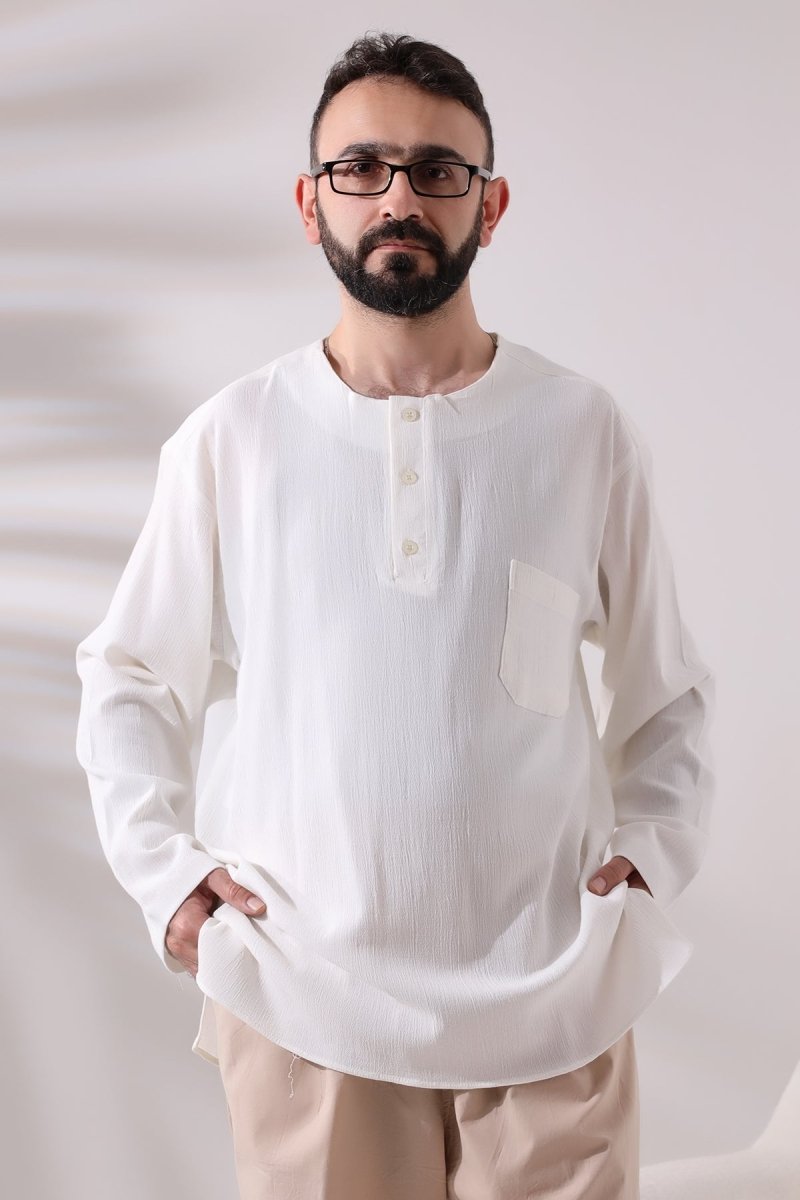 Cream Men's Relaxed Fit 3-Button Crew Neck Hajj and Umrah Shile Fabric Shirt - ihvan