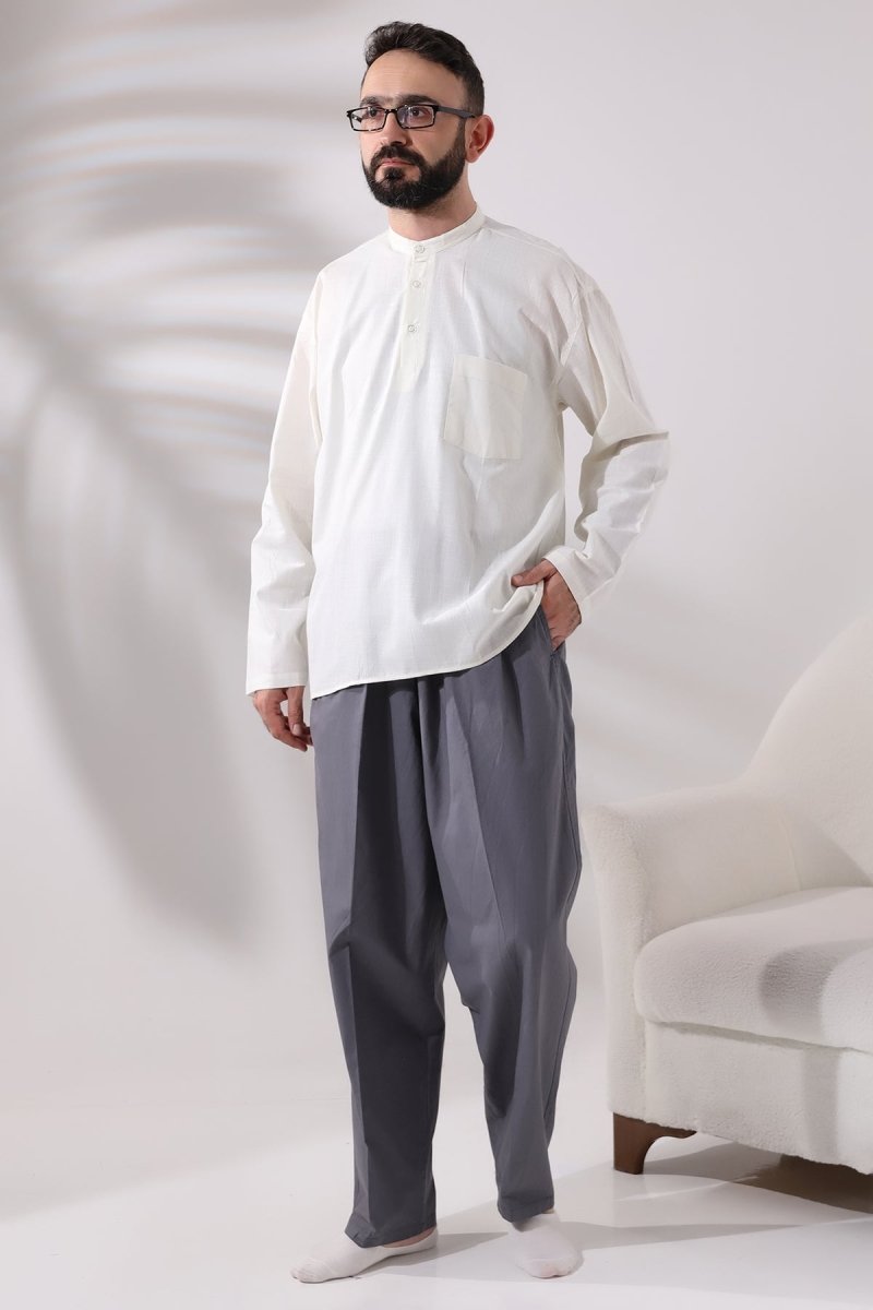Cream Men's Relaxed Fit 3-Button Mandarin Collar Hajj and Umrah Linen Shirt - ihvan