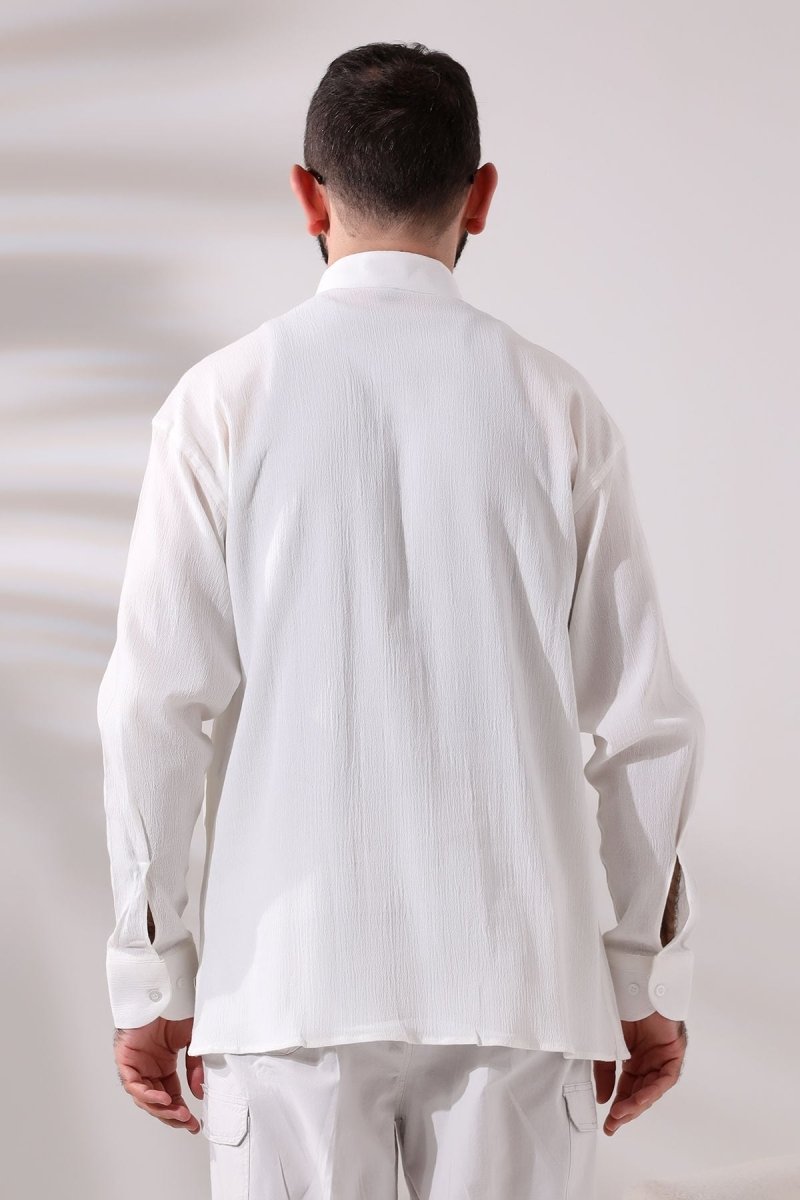 Cream Men's Relaxed Fit Mandarin Collar Shile Fabric Hajj and Umrah Shirt - ihvan