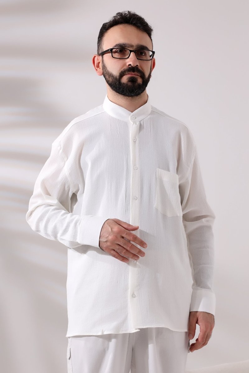 Cream Men's Relaxed Fit Mandarin Collar Shile Fabric Hajj and Umrah Shirt - ihvan