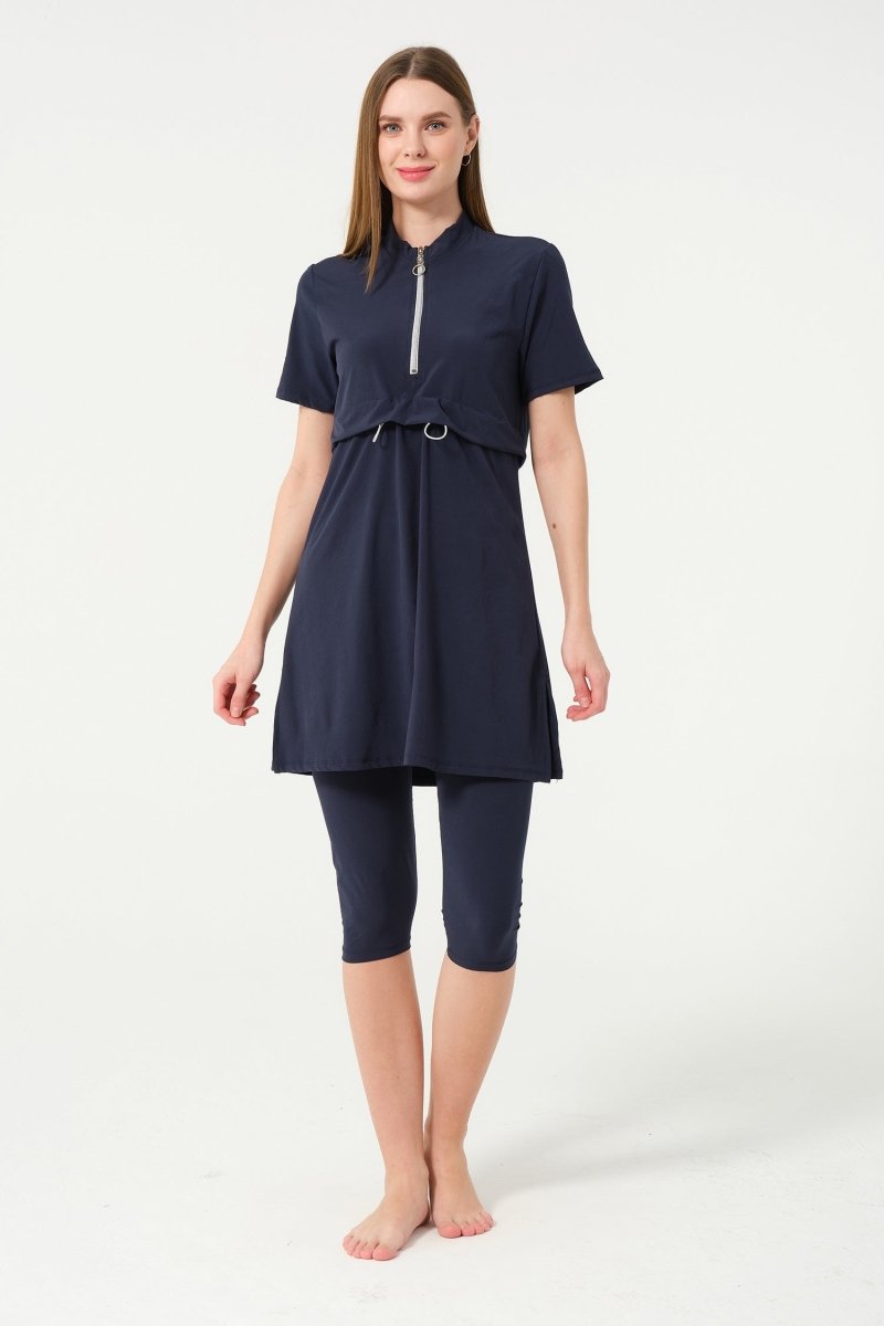 Crop Detail Zip - Up Semi - Closed Pool Swimsuit 3410 - 25 Dark Navy - ihvan