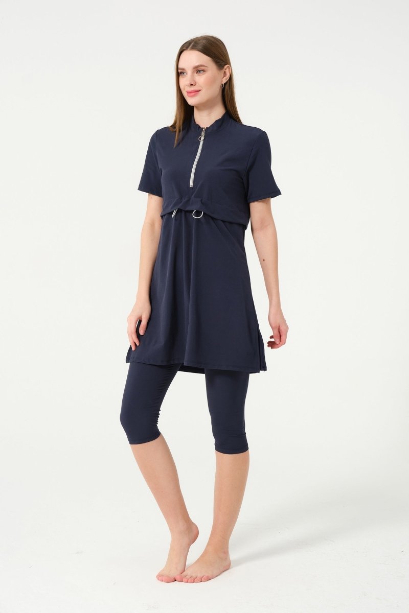 Crop Detail Zip - Up Semi - Closed Pool Swimsuit 3410 - 25 Dark Navy - ihvan