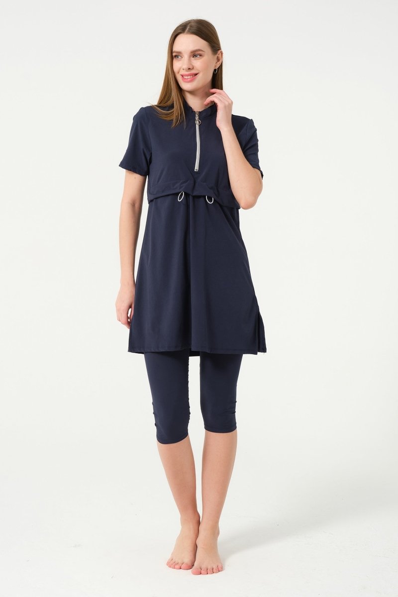 Crop Detail Zip - Up Semi - Closed Pool Swimsuit 3410 - 25 Dark Navy - ihvan