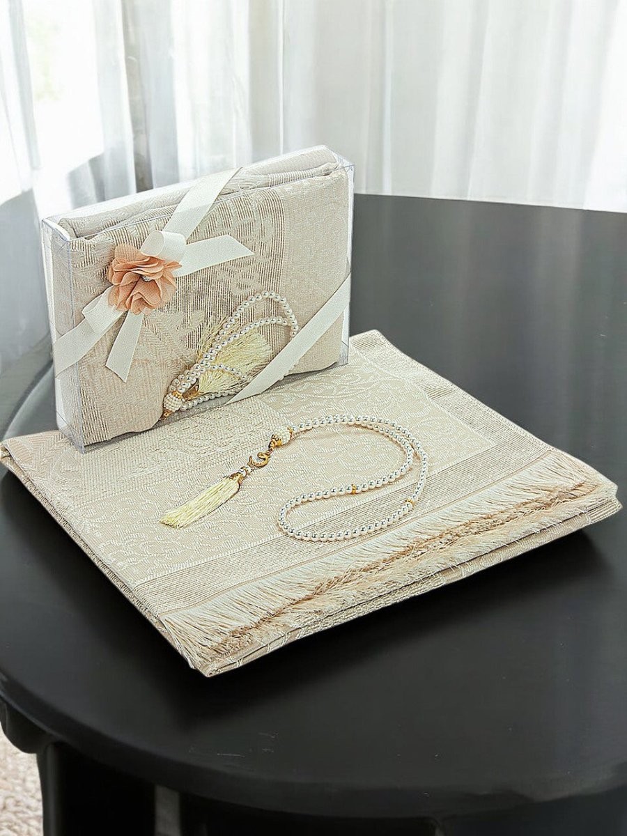 Elegant Dowry Prayer Set with Pearl Tasbeeh – Tafta Prayer Rug for Wedding Gifts - ihvan
