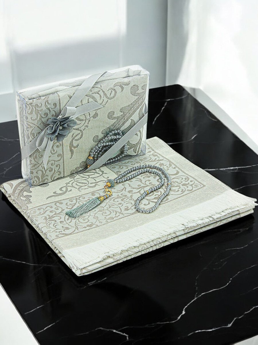 Elegant Dowry Prayer Set with Pearl Tasbeeh – Tafta Prayer Rug for Wedding Gifts - ihvan