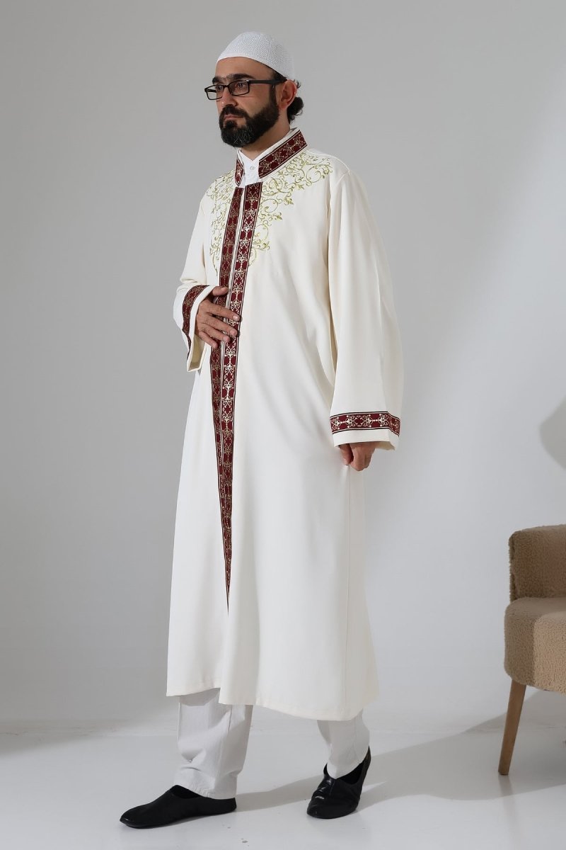 Embroidered Mandarin Collar Imam Robe, Snap Button Pocket Prayer Robe with Burgundy Border - Cream - ihvan