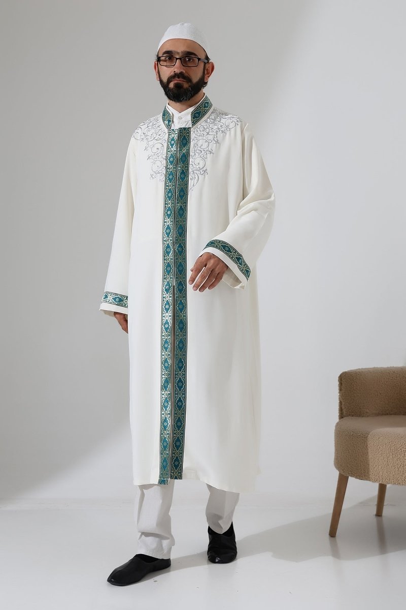 Embroidered Mandarin Collar Imam Robe, Snap Button Pocket Prayer Robe with Green Border - Cream - ihvan