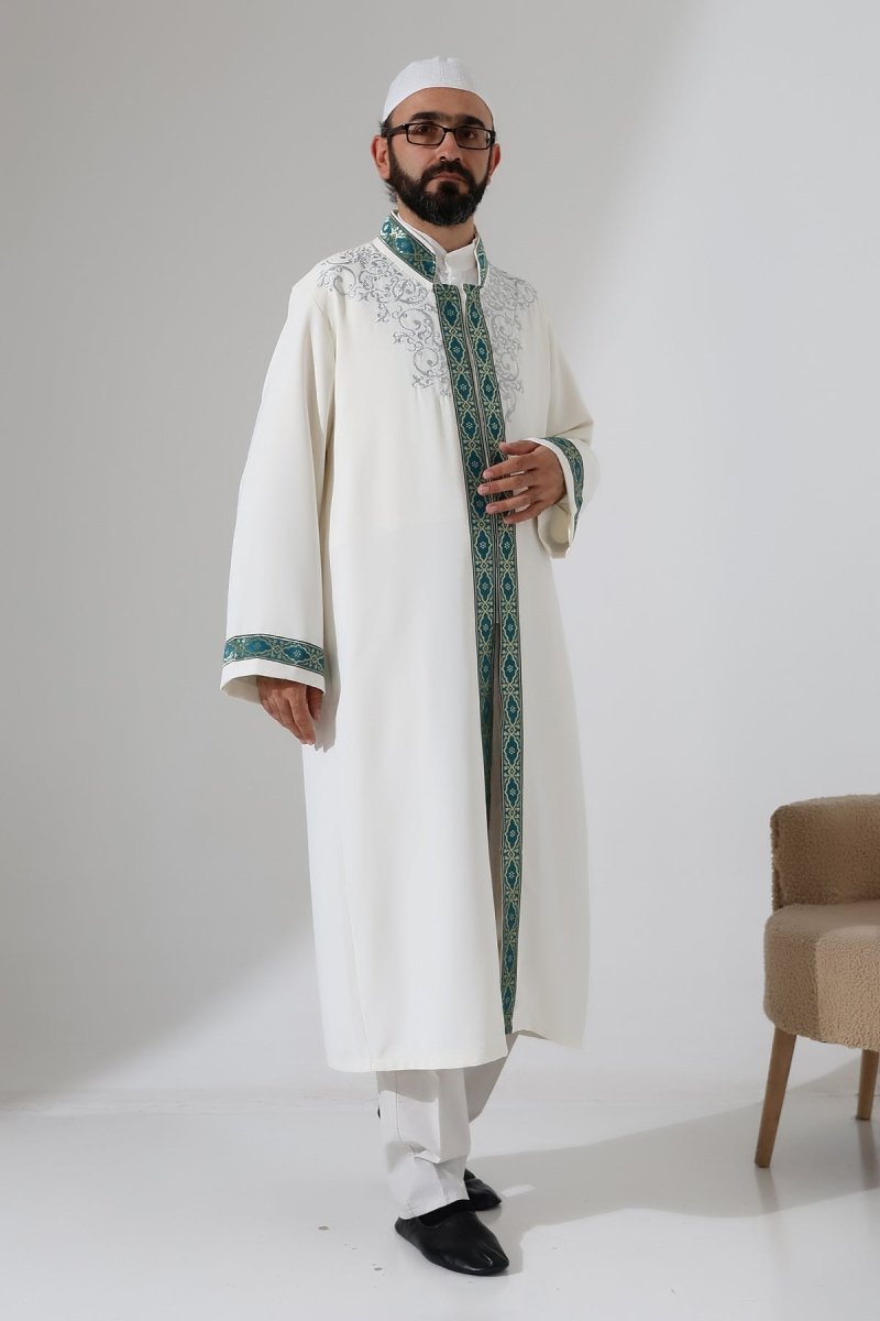 Embroidered Mandarin Collar Imam Robe, Snap Button Pocket Prayer Robe with Green Border - Cream - ihvan