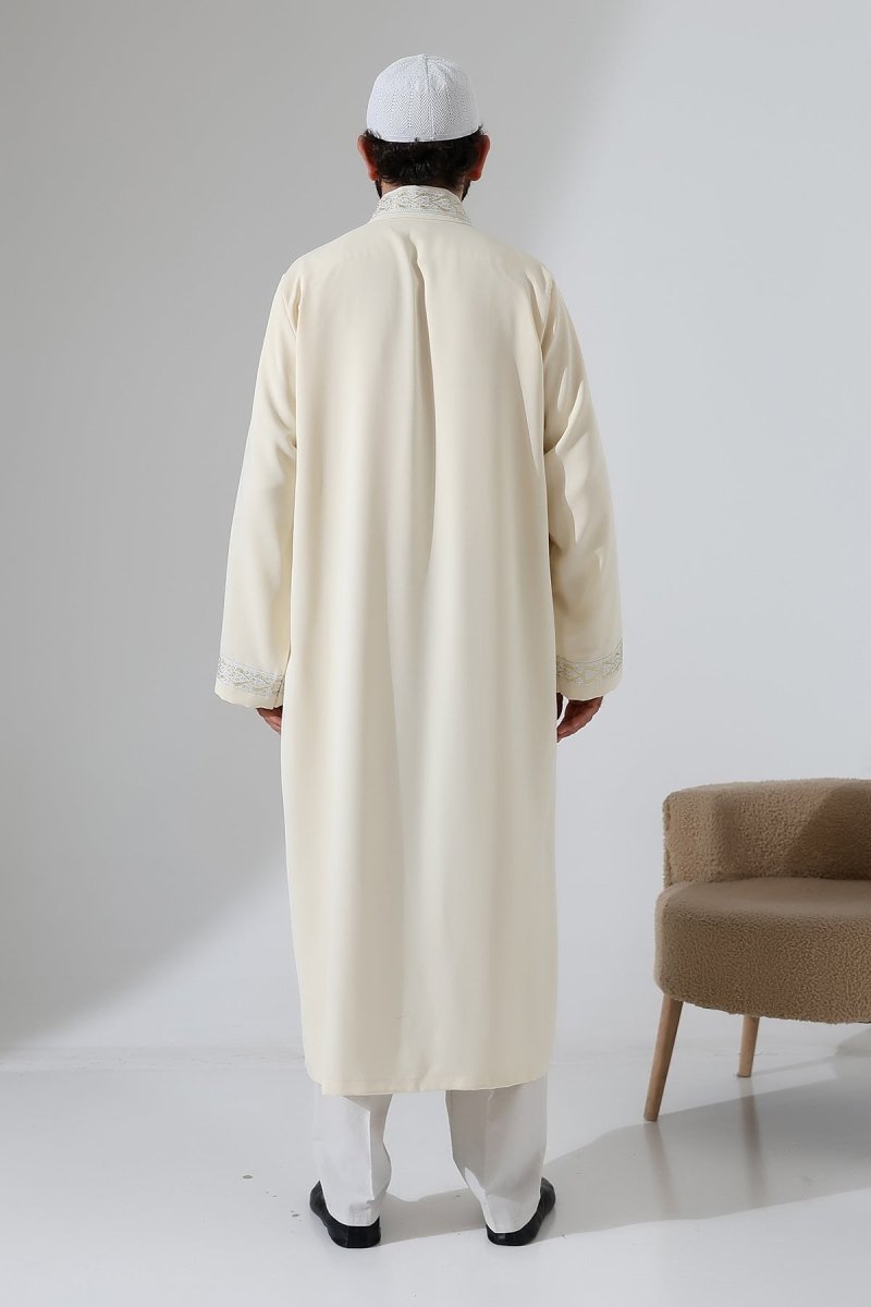 Embroidered Mandarin Collar Imam Robe, Snap Button Pocket Prayer Robe with Silver Border - Cream - ihvan