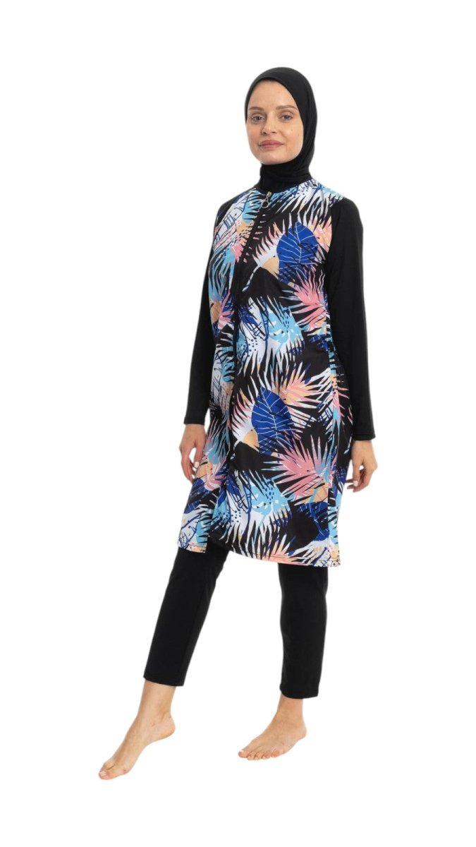 EMSA Women's Leaf Pattern Full Coverage Hijab Swimsuit 2695 - 25 Black - ihvan