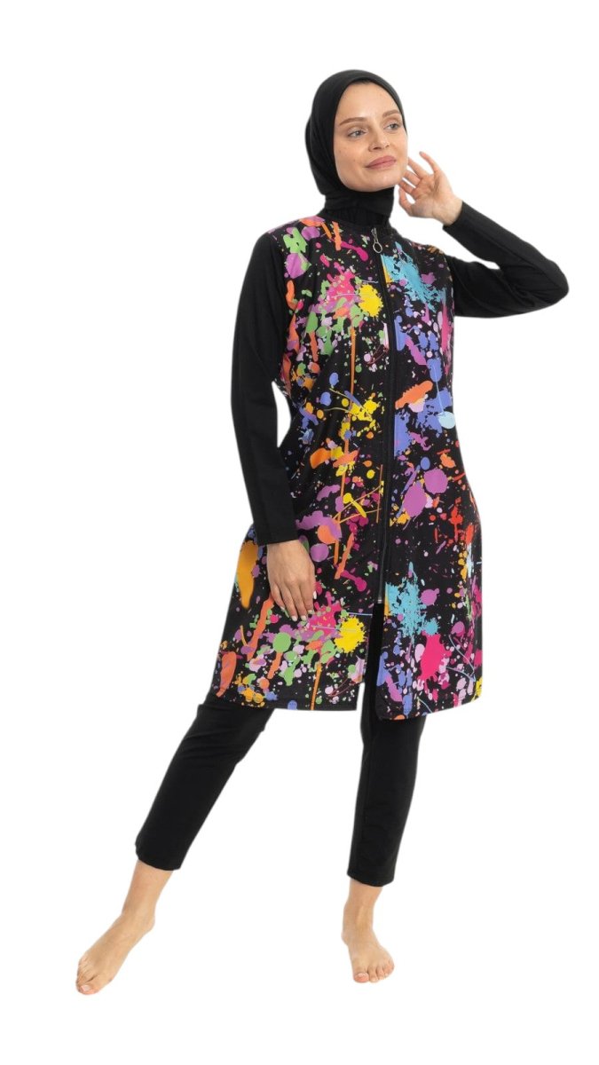 EMSA Women's Painted Pattern Full Coverage Hijab Swimsuit 2691 - 25 Black - ihvan