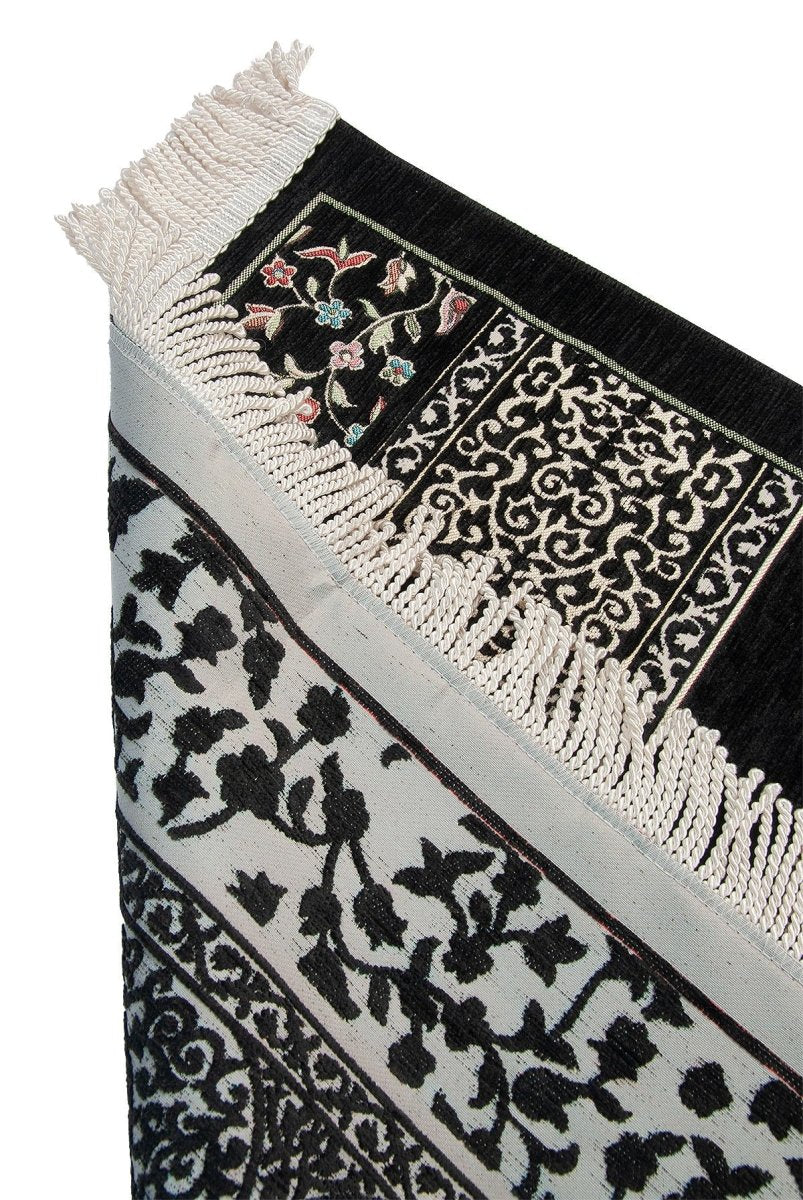 Flower Motif Chenille Prayer Rug – Black - ihvan