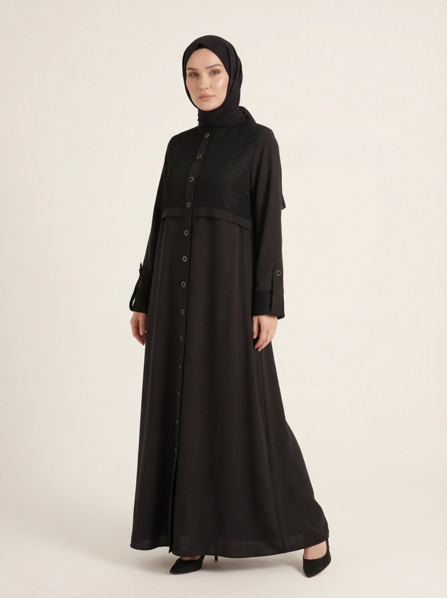 Full - Length Buttoned Abaya with Mesh Detail on Front and Sleeves, Black 9566 - 26 - ihvan