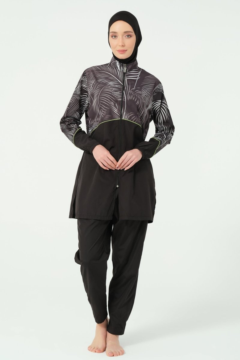 Fully Covered Hijab Swimsuit Plus Size with Hair Trim, Leaf Pattern, Zipper 25267 - 26 Black - ihvan