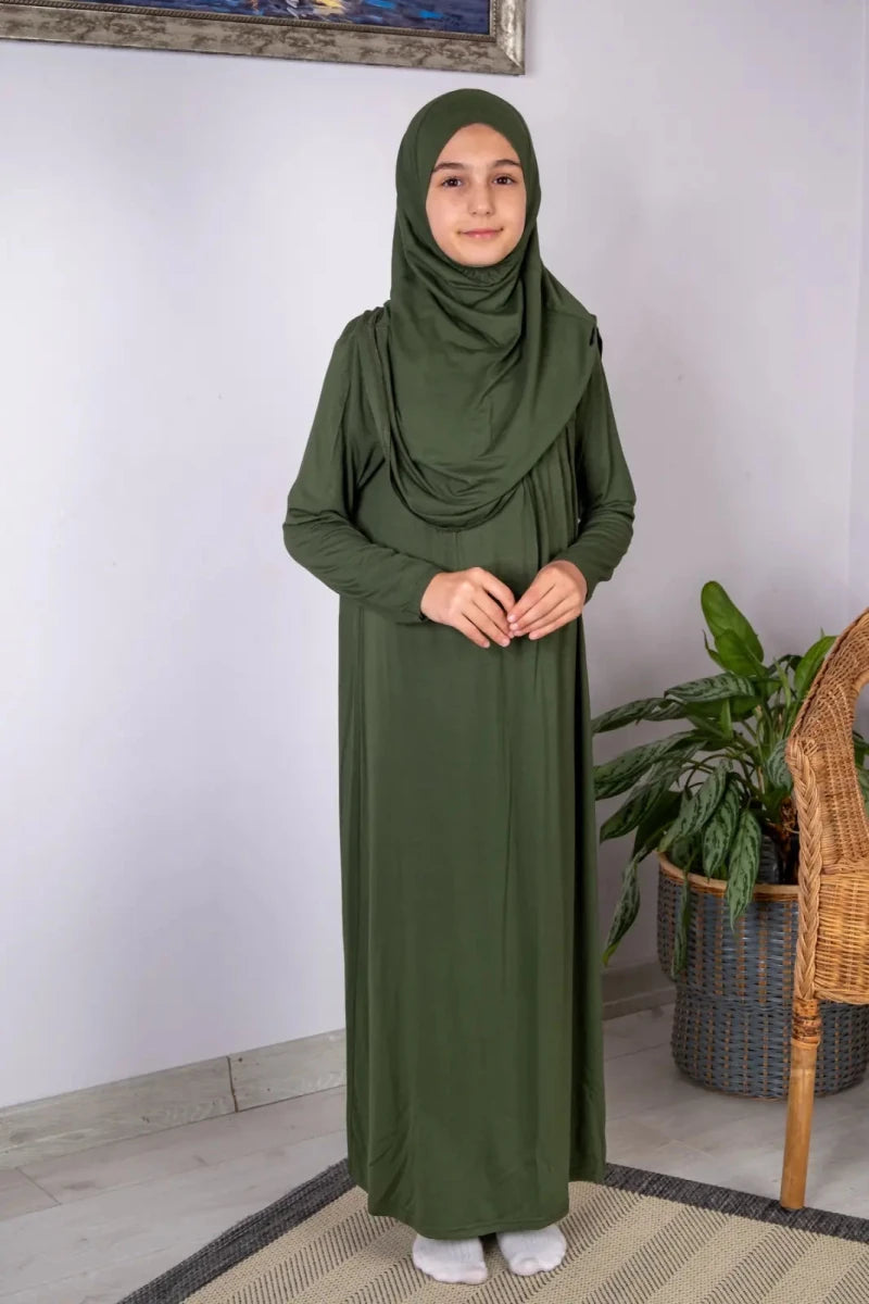 Girls’ One-Piece Prayer Dress with Attached Hijab – Age 8–12 - ihvan