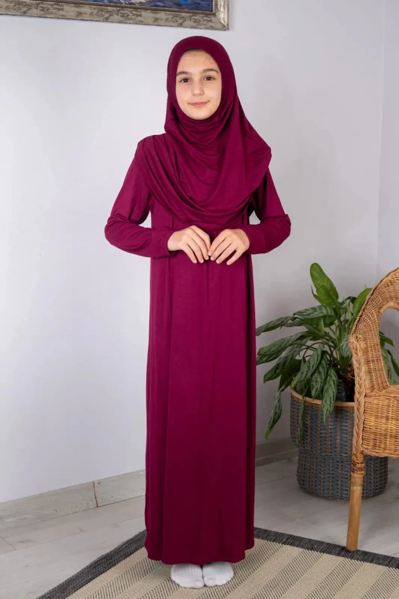 Girls’ One-Piece Prayer Dress with Attached Hijab – Age 8–12 - ihvan