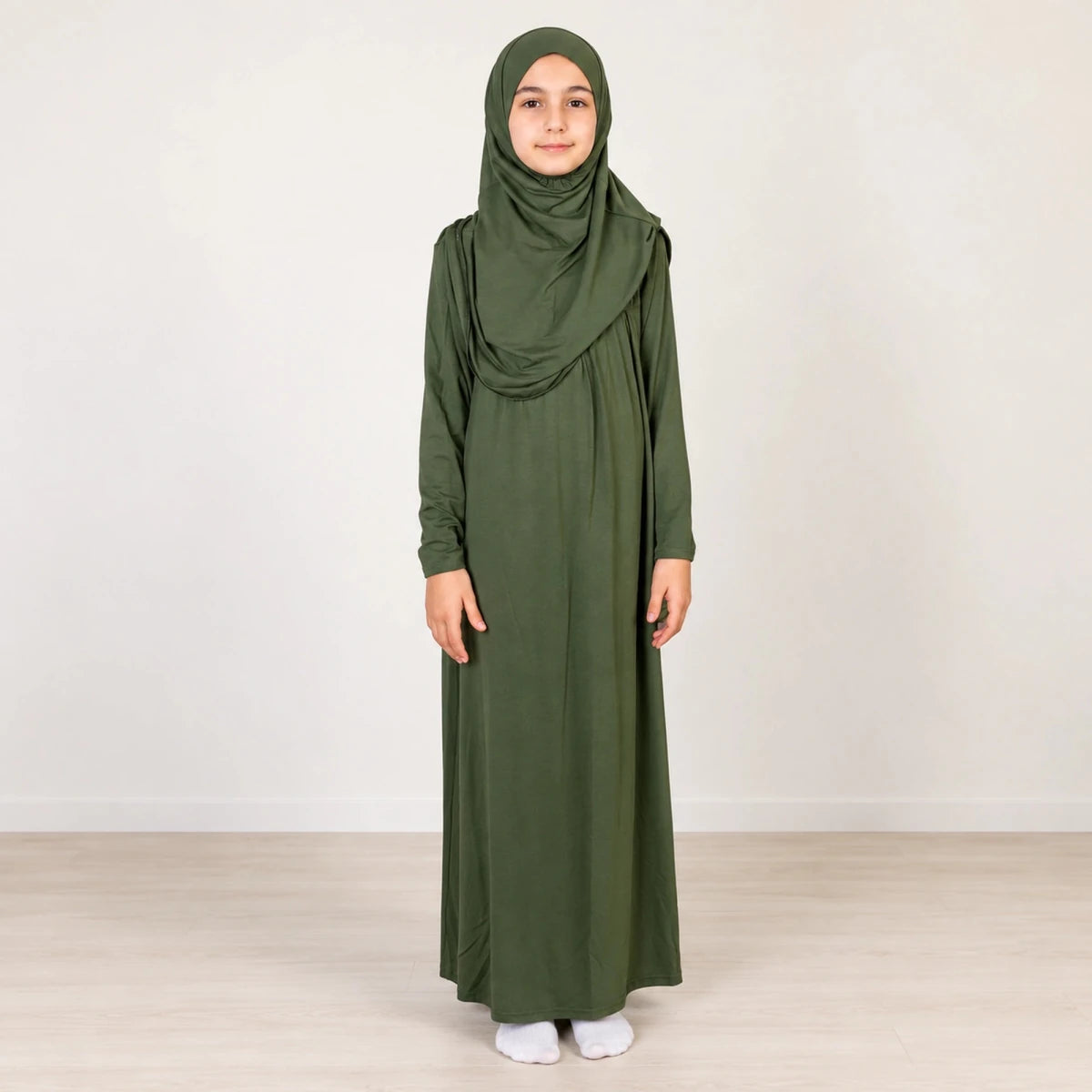Girls’ One-Piece Prayer Dress with Attached Hijab – Age 8–12 - ihvan