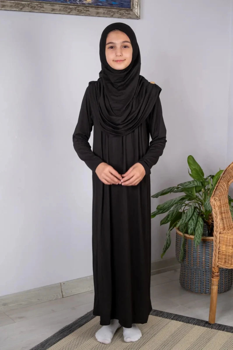Girls’ One-Piece Prayer Dress with Attached Hijab – Age 8–12 - ihvan