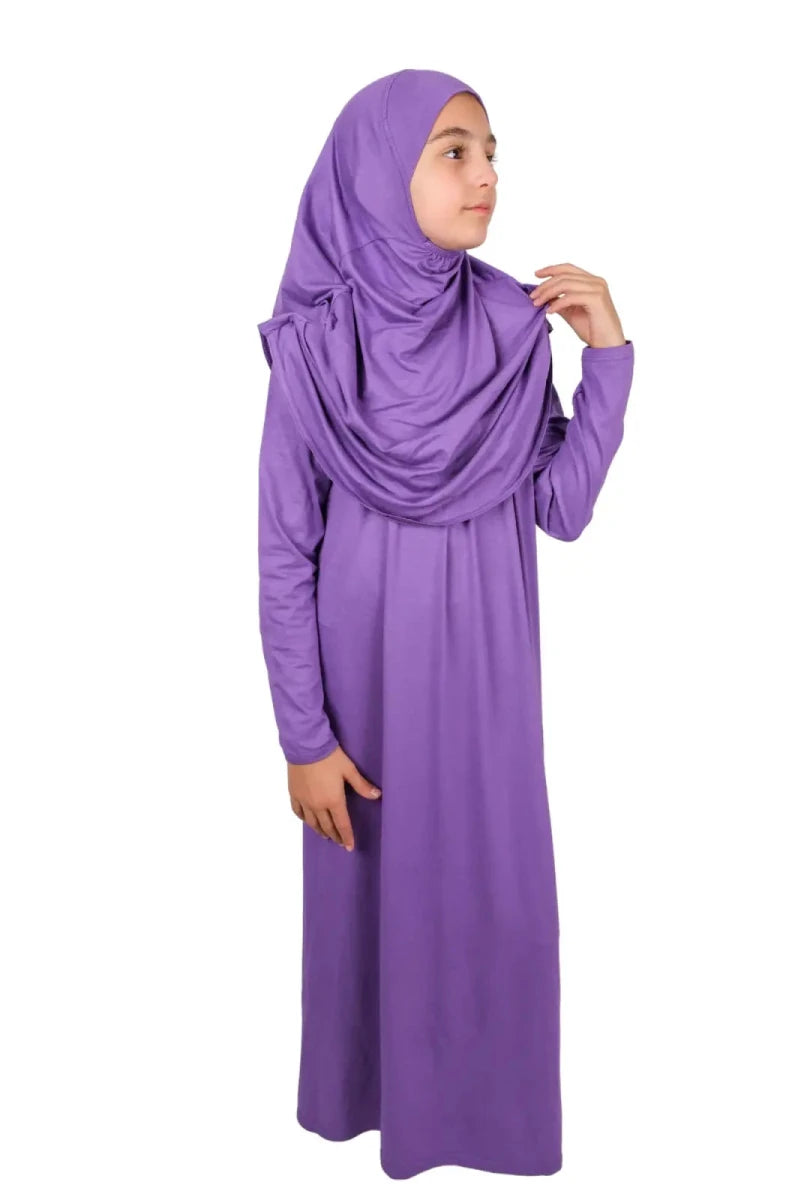 Girls’ One-Piece Prayer Dress with Attached Hijab – Age 8–12 - ihvan