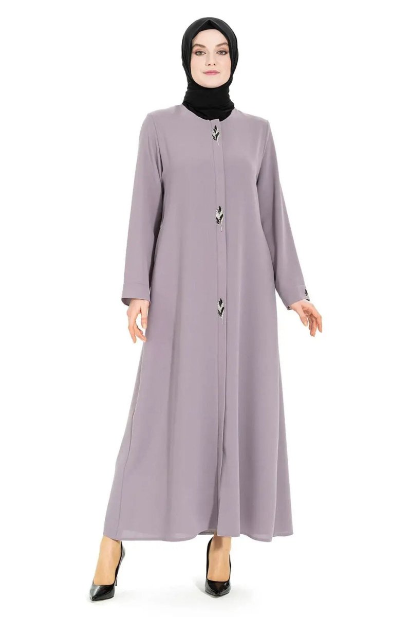 GRAY ROUND NECK HIDDEN ZIPPER APPLIQUE DETAIL HIJAB DRESS 3487 - 25 - ihvan